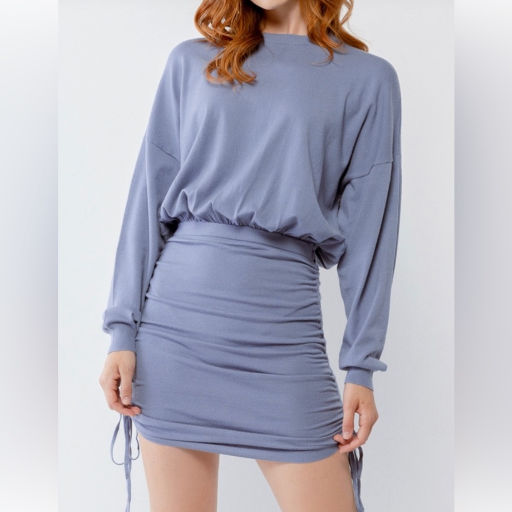 NWT Le Lis Blouson Mini Dress Dusty Blue Ruched Skirt Bodycon Mini Dress Y2K